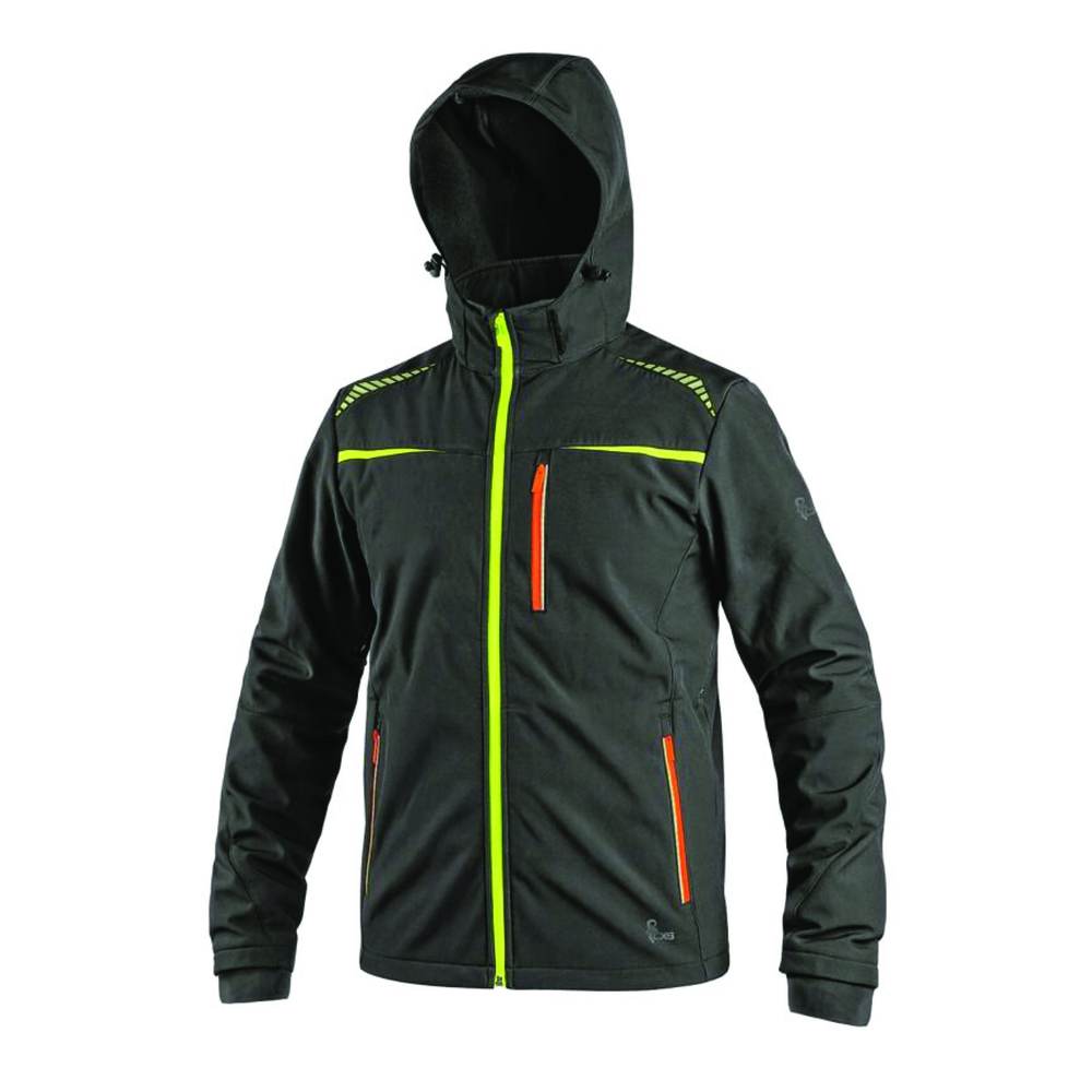 Kurtka softshell CANIS NORFOLK czarna żółto-pomarańczowe wstawki HV